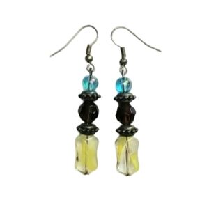 Glass Bead Dangle Drop Earrings Yellow Turquoise Purple Metallic